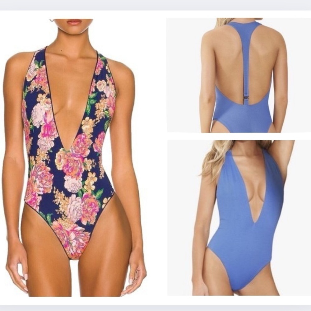 NWT Maaji Reversible Blue and Floral on Navy Deep Plunge High Leg 1 Pc. Swimsuit